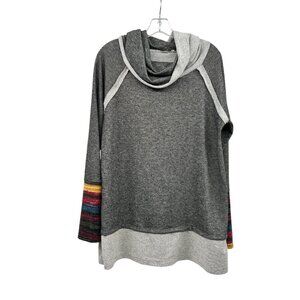 Egy Womens Cowl Neck Pullover Sweater Long Striped Sleeve Gray/Multi Size Large